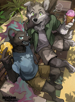 Rating: s
ID: 5516526
Date: 2025-04-20 04:02:11 -0400
Status: active
Score: 77
anthro biped blue_clothing blue_eyes blue_shirt blue_topwear canid canine canis clothed clothing dappled_light dessert digital_media_(artwork) digital_painting_(artwork) digital_watercolor_(artwork) duo food fully_clothed fur green_clothing green_eyes green_shirt green_topwear hair high-angle_view hyena ice_cream looking_at_viewer male male/male mammal multicolored_hair painting_(artwork) paws plant shirt sitting topwear watercolor_(artwork) windwttom wintom wolf yuri_056 post #5516526