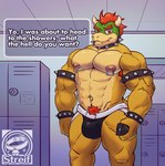 2022 2_horns abs anthro armband armpit_hair barazoku biceps big_muscles body_hair bowser bowser_day bracelet bulge cellphone clothing collar countershading dialogue electronics english_text eyebrows hair hi_res holding_object holding_phone horn inside jewelry jockstrap koopa locker locker_room looking_at_viewer male mario_bros muscular muscular_anthro muscular_male navel navel_piercing nintendo nipple_piercing nipple_ring nipples non-mammal_nipples pecs phone piercing pubes quads ring_piercing scalie smartphone solo spiked_armband spiked_bracelet spiked_collar spikes standing streif talking_to_viewer teeth text underwear watermark