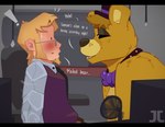 2023 absurd_res anthro bear black_bars black_eyes blonde_hair blush clothing dialogue digital_media_(artwork) duo english_text eyewear facial_hair five_nights_at_freddy's fur glasses golden_freddy_(fnaf) hair hat headgear headwear hi_res human jumpy_jackal letterbox looking_at_another male mammal necktie nightguard scottgames security security_guard text yellow_body yellow_fur