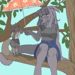 1:1 anthro binturong bottomwear branch clothed clothing duo ekaki510 female kemono mammal on_branch rodent sciurid shorts sunshade tree_squirrel viverrid