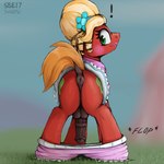 2023 absurd_res animal_genitalia animal_penis anus balls big_macintosh_(mlp) bloomers blurred_background blush both_cutie_marks bottomwear butt clothed clothing crossdressing darkened_genitalia dock_(anatomy) dosh drag_(fashion) drag_queen dress earth_pony equid equine equine_anus equine_genitalia equine_penis erection exclamation_point eyelashes femboy feral friendship_is_magic genitals grass hasbro hi_res horse looking_back makeup male mammal my_little_pony orchard_blossom_(mlp) penis plant pony puffy_anus quadruped raised_tail rear_view solo surprise tail tail_anus text wardrobe_malfunction wig