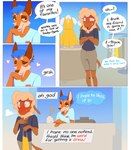 4_panel_comic anthro blue_background blue_hair blush blush_lines bodily_fluids bottomwear bovid breath brown_body brown_fur canid canine caprine cheek_tuft clothing comic dani_(heresvix) dialogue duo english_text eyes_closed facial_tuft femboy fox fur hair half-closed_eyes heart_symbol heresvix hi_res male mammal narration narrowed_eyes open_mouth open_smile orange_body orange_fur sheep shirt shorts simple_background smile smirk smug smug_face speech_bubble sweat sweatdrop t-shirt tan_body tan_fur tan_hair text thought_bubble topwear tuft wool_(fur) wool_hair yellow_sclera