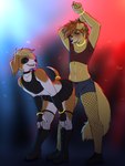 3:4 ajna anthro beagle bird_dog bottomwear canid canine canis clothed clothing club_wear crossdressing domestic_dog duo femboy femboy/femboy fishnet_clothing golden_retriever hi_res hunting_dog male male/male mammal nightclub plantigrade retriever scent_hound skirt