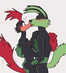 anthro arms_around_partner avian beak bird blush canid canine canis cheek_tuft clothing coyote cuculiform duo emanata eyes_closed facial_tuft feathers fernypaw fluffy fluffy_tail flustered french_kissing fur fuzzy green_body green_fur head_feathers hi_res hug kissing licking loonatics_unleashed looney_tunes male male/male mammal motion_lines new_world_ground_cuckoo predator/prey red_body red_feathers rev_runner roadrunner romantic romantic_couple shocked side_view simple_background standing surprise surprised_expression tail tail_feathers tech_e._coyote tongue tongue_out tuft warner_brothers white_background wide_eyed