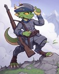 2024 ambiguous_gender anthro belt bolt-action_rifle clothing digitigrade ear_piercing ear_ring feet furgonomics furry-specific_piercing goobone green_body gun hat headgear headwear hi_res horn horn_piercing horn_ring_(piercing) kobold military mountain outside piercing ranged_weapon rifle ring_piercing rock scalie soldier solo standing uniform warrior weapon yellow_eyes