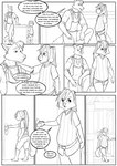 2022 age_difference anthro apron barefoot belly bottomwear butt canid canine clothed clothing comic crouching door door_handle duo english_text feet fingers fox fully_clothed fur hair hand_on_shoulder hi_res kneeling mammal monochrome on_one_knee open_mouth raccoon_dog size_difference tanuki text thehades tongue topwear walking young young_anthro