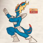 2018 alternate_color anthro anthrofied armor battle_armor belt biped black_sclera blue_body blue_tail boots breastplate clothing cosplay crossover crossover_cosplay dialga dragon_ball english_text fakemon fangs featureless_crotch fighting_pose firefightdex fist flexing footwear frown full-length_portrait generation_4_pokemon gloves guldo handwear hatching_(art) hi_res legendary_pokemon long_head male marco_fanjul marker_(artwork) midriff mixed_media multicolored_body muscular muscular_anthro muscular_male nintendo parody pen_(artwork) pokemon pokemon_(species) pokemorph portrait pose red_body red_eyes red_tail reptile scalie shaded shadow shoes side_view simple_background solo spread_legs spreading standing tail teeth text thick_tail toony traditional_media_(artwork) two_tone_tail white_background wide_stance yellow_body