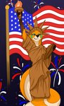 4th_of_july absurd_res american_flag canid canine clothed clothing crystal_bloodmoon explosion female fireworks flag flag_(object) fox full-length_portrait fur gloves_(marking) hi_res holding_object holidays lady_liberty magnificent-arsehole mammal markings multicolored_body orange_body orange_fur portrait purple_background raised_arm simple_background smile solo sparkles standing star statue_of_liberty teetch toga torch two_tone_body united_states_of_america