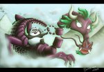 anthro bear bonaxor cloud dragon dragon_(skunk_fu) eastern_dragon giant_panda male mammal mountain mythological_creature mythological_scalie mythology panda_(skunk_fu) purple_body purple_scales scales scalie size_difference skunk_fu solo standing_on_back