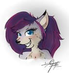 2015 anthro black_nose blue_eyes breasts bust_portrait canid canine chest_tuft colored digital_drawing_(artwork) digital_media_(artwork) ellie_(dsixzey) eyelashes fangs female fox fur furrowed_brow grey_body grey_fur hair long_hair looking_at_viewer mammal multicolored_body multicolored_fur portrait purple_hair rakkyoarts shaded signature simple_background smile smiling_at_viewer solo teeth thin_eyebrows toothy_grin tuft two_tone_body two_tone_fur white_background