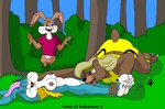 anthro bear binky_bunny_(rutwell) black_nose blonde_hair blue_body blue_fur bottomless bound breasts brown_bear brown_body brown_fur buckteeth clothed clothing cunnilingus eyes_closed female female/female forest fur grizzly_bear group hair kthanid_(artist) lagomorph leporid male mammal midriff nipples oral outside pink_nose plant purple_hair rabbit randy_rabbit rutwell_forest scut_tail sex shirt short_tail shrub tail teeth toony topwear torn_clothing tree trio ursine ursula_bruin vaginal yellow_eyes