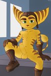 2:3 absurd_res anthro balls boots clothing conditional_dnp erection footwear foreskin genitals gloves green_eyes handwear hat headgear headwear hi_res humanoid_genitalia humanoid_penis lombax long_ears looking_at_viewer male mammal mostly_nude pawsta penis ratchet_(ratchet_and_clank) ratchet_and_clank shoes sitting smile solo sony_corporation sony_interactive_entertainment