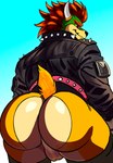 alternative_fashion anthro backsack balls big_butt bowser butt clothing daddytwinkle genitals gradient_background hair hairless_balls hairless_butt hi_res horn jacket koopa leather leather_clothing leather_jacket leather_topwear male mario_bros nintendo punk rear_view red_hair scalie shaded simple_background smooth_skin solo spikes studs tail thick_thighs topwear