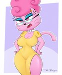 2023 anthro big_breasts breasts cleavage clothed clothing cross-popping_vein domestic_cat dress eyewear felid feline felis female glasses hands_on_hips hi_res mammal nickelodeon open_mouth simple_background sirredbenjamin solo the_fairly_oddparents wanda_(fop) wide_hips