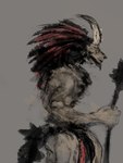 2024 3:4 ambiguous_species anthro big_penis bottomwear clothing genitals hair hi_res horn loincloth looking_away magic_user male mostly_nude penis penis_poking_out red_hair shaman sketch solo staff tail tribal_spellcaster wholle