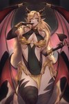 absurd_res accessory animal_humanoid black_body black_scales blonde_hair clothed clothing demon demon_humanoid dragon dragon_humanoid ear_piercing ear_ring female hair hi_res horn horn_jewelry humanoid humanoid_pointy_ears jewelry long_hair looking_at_viewer miraaj_(crabble) multi_wing mythological_creature mythological_scalie mythology piercing ring_piercing scales scalie sleepysleipnir sleipy solo spade_tail tail wings