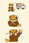 2024 ailurid biped black_eyes black_nose car chibi dot_eyes eating feral food hi_res japanese_text kemono mammal musical_note musical_symbol red_panda shi_nominmin solo symbol text vehicle walking