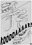 2013 ahastar ahastar_(artist) anthro bodily_fluids bolt_(diablo_the_rex) collaboration comic cum cumshot deinonychus diablo_the_rex dinosaur dragon dromaeosaurid duo ejaculation english_text erection european_mythology extreme_size_difference feral genital_fluids genitals greyscale hi_res larger_feral male male/male mangled monochrome mythological_creature mythological_scalie mythology onomatopoeia penis prehistoric_species reptile roaring scalie size_difference smaller_anthro sound_effects text theropod tongue tongue_out western_dragon