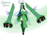 2024 5:4 anthro artist_name breasts celesteela cleavage clothed clothing digital_media_(artwork) english_text female floating_arms floating_hands forehead_gem galiana gem generation_7_pokemon green_body green_breasts green_clothing green_text hair hair_over_eyes hi_res latiar nintendo obscured_eyes open_mouth pokemon pokemon_(species) pokemorph simple_background solo standing text ultra_beast wings