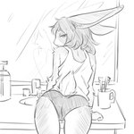 1:1 anthro bathroom brush butt clothing eyelids female fluffy fluffy_tail fur fur_tuft hair hi_res lagomorph leaning leaning_forward leporid long_ears long_hair looking_at_viewer looking_back looking_back_at_viewer mammal messy_hair mirror monochrome panties rabbit rear_view scut_tail shirt short_tail simple_background sink sketch sleeveless_shirt solo tail tank_top tateoftot tired tired_eyes toothbrush topwear tuft underwear