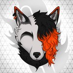 1:1 anthro azhax azhax_(character) black_body black_fur black_hair canid canine cheek_tuft ear_piercing ear_ring eyes_closed facial_piercing facial_tuft fur geometric_background grey_body grey_fur grid_background hair icon male mammal neck_tuft nose_piercing orange_hair pattern_background piercing ring_piercing simple_background solo tuft