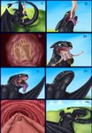 absurd_res almost_fully_inside black_body bloated blue_sky comic detailed_mouth dragon dreamworks duo erection european_mythology feral first_person_view fully_inside fury_(httyd) genitals green_eyes hi_res how_to_train_your_dragon human human_prey humanoid_genitalia humanoid_penis male male/male mammal mouth_shot mythological_creature mythological_scalie mythology night_fury open_mouth partially_inside penis scalie sky soft_vore swallowing tongue tongue_out toothless vore ward0r western_dragon willing_prey wings