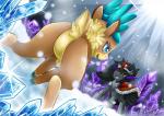 2016 antlers blue_eyes crossover deer digital_media_(artwork) duo dutch_angle equid equine featureless_crotch female feral fight friendship_is_magic green_sclera grin hasbro horn horse ice king king_sombra_(mlp) mammal my_little_pony new_world_deer pony rear_view red_eyes reindeer royalty shadow smile the_cool_boy them's_fightin'_herds vavacung velvet_reindeer_(tfh)