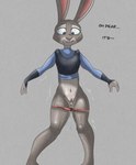 anthro bodily_fluids bottomless bottomwear bottomwear_down clothed clothing desperation dialogue disney female genital_fluids genitals hi_res illegaleel judy_hopps lagomorph leporid looking_down mammal omorashi panties panties_down partially_clothed peeing pussy rabbit shaking simple_background solo underwear underwear_down urine urine_stream wet wet_clothing wet_panties wet_underwear wetting wetting_bottomwear zootopia