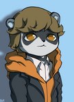 anthro atlus brown_eyes brown_hair clothed clothing coat fur grey_body grey_fur hair ken_amada male mammal megami_tensei megami_tensei_persona noron orange_clothing persona_(series) persona_3 portrait procyonid raccoon sega shirt solo topwear white_clothing white_shirt white_topwear