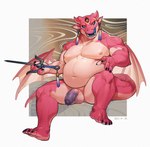 2_horns 3_eyes absurd_res anthro balls belly biceps black_sclera blue_tongue bluecard916 dragon flaccid foreskin front_view genitals hi_res holding_melee_weapon holding_object holding_weapon horn humanoid_genitalia humanoid_penis licking licking_lips male melee_weapon multi_eye musclegut muscular mythological_creature mythological_scalie mythology navel nipple_piercing nipples nude open_mouth open_smile orange_eyes partially_retracted_foreskin penis piercing pink_body sai_(weapon) scalie signature sitting smile solo tongue vein veiny_penis weapon wings xvi_ji_(character)