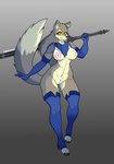 absurd_res anthro armor armwear breasts canid canine canis clothing dark_souls elbow_gloves female footwear fromsoftware fur genitals gloves great_grey_wolf_sif grey_body grey_fur handwear hi_res high_heels legwear mammal melee_weapon mostly_nude mrferret nipples pauldron pink_nipples pussy shoes solo sword thigh_highs weapon wolf yellow_eyes