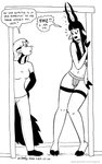 2020 antelope anthro bovid bra breasts clothed clothing comic duo ear_piercing ear_ring female fur gazelle hair hooves horn kelly_o'dor mammal mephitid midriff miss_thompson_(tegerio) monochrome navel panties piercing ring_piercing skunk tegerio underwear zandar's_saga