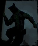 anthro belt clothing dark_lighting green_eyes gulonine hi_res kazzyboii mammal marten mustelid musteline sky stealth