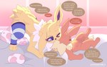 after_sex animal_genitalia bedding bedding_background clothing dialogue duo eevee eeveelution egg english_text eti_(utopianvee) female feral generation_1_pokemon genitals hi_res jolteon keli_(utopianvee) larger_female legwear lying male male/female morning nintendo on_back pattern_clothing pattern_legwear pokemon pokemon_(species) pokemon_egg pokemon_speak sheath simple_background size_difference smaller_male striped_clothing striped_legwear stripes text tugging utopianvee