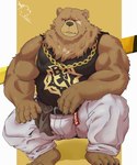 anthro barefoot bear belly ben_bigger biceps bottomwear brown_body brown_fur clothing facial_scar feet fur hfengfffff hi_res jewelry male mammal mihoyo missing_eye musclegut muscular necklace pants pecs scar shirt solo tank_top topwear white_bottomwear white_clothing white_pants zenless_zone_zero