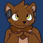 1:1 2023 anthro bear bearphones blue_background brown_bear brown_body brown_fur electronics fur grizzly_bear headphones looking_up male mammal neck_tuft prate-dragon questioning reaction_image simple_background smile solo tuft ursine