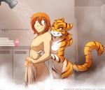 2018 adobe_photoshop_(artwork) anthro bathing bedroom_eyes breasts colored conditional_dnp covering covering_self daniels_(twokinds) digital_media_(artwork) duo ears_back featureless_breasts featureless_crotch felid female fur hair half-closed_eyes hand_on_shoulder hi_res human inside keidran licking licking_lips licking_own_lips locker looking_back male mammal multicolored_body multicolored_fur narrowed_eyes nervous nude orange_body orange_fur pantherine pivoted_ears red_hair seductive self_lick shower showering smile smirk steam striped_body striped_fur stripes text therie_sah-van tiger tom_fischbach tongue tongue_out towel twokinds url water wet white_body white_fur yellow_eyes