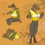 anthro big_breasts breasts clipboard clothed clothing dinosaur earmuffs eyewear female forklift fully_clothed glasses hi_res id_card jayda_(zagz) pen prehistoric_species reptile safety_vest scalie sleeping solo theropod topwear tyrannosaurid tyrannosauroid tyrannosaurus tyrannosaurus_rex vest working zagz