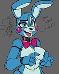 2023 4:5 4_fingers animatronic anthro arm_tuft blue_body blue_fur bow_tie breasts buckteeth crossgender curvy_figure dialogue digital_media_(artwork) english_text eyelashes eyeshadow featureless_breasts female fingers five_nights_at_freddy's five_nights_at_freddy's_2 foxydoll604 fur genitals green_eyes grey_background hi_res lagomorph leporid machine makeup mammal mtf_crossgender multicolored_body pussy rabbit robot scottgames shoulder_tuft simple_background sketch small_waist solo standing teeth text toy_bonnie_(fnaf) tuft two_tone_body