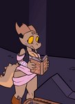 animated anthro backpack book breasts brown_body cleavage clothed clothing female freckles horn kobold non-mammal_breasts reptile scalie short_playtime solo srriz srriz_adventure srrizadventurer text wraps yellow_eyes