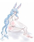 animal_humanoid big_breasts blue_eyes blue_hair blush bodily_fluids breasts butt feet female genital_fluids genitals hair hare humanoid lagomorph leporid mammal masturbation nipples pussy rabbit solo tsu69 vaginal_fluids