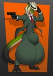 anthro balls_outline big_bulge biped bulge clothing cosplay darkshasion darkshasion_(artist) detailed_bulge digitigrade dragon fedora genital_outline gun handgun hat headgear headwear hi_res holding_gun holding_handgun holding_object holding_pistol holding_ranged_weapon holding_weapon huge_bulge hyper hyper_bulge loid_forger male male_anthro mythological_creature mythological_scalie mythology pistol ranged_weapon scalie spy_x_family suit weapon