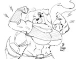 2023 abs ahoge anaugi anthro armor belt biceps big_breasts black_and_white breasts canid canine canis clothing crop_top domestic_dog emanata english_text female flexing flexing_bicep grin hair huge_breasts long_hair looking_at_viewer mammal miel_gallerte_(anaugi) monochrome muscular muscular_female one_eye_closed ponytail scarf shirt signature simple_background sketch smile solo text toothy_grin topwear under_boob vambrace white_background wink