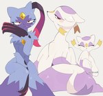 ambiguous_gender anthro black_nose blue_body blue_ears blue_fur blush butt claws duo eyelashes eyes_closed fur generation_5_pokemon generation_8_pokemon hi_res kiirono long_claws looking_at_viewer looking_back looking_back_at_viewer mienshao nintendo pokemon pokemon_(species) purple_body purple_fur red_eyes simple_background smile sneasler tail whiskers white_background white_body white_ears white_fur white_tail yellow_body yellow_fur