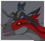 2022 3_fingers 3_toes anthro aria_(avali) avali avian black_body black_feathers black_sclera black_scutes black_wings blue_body blue_eyes blue_feathers border carrying_another casual_nudity chest_tuft claws crossed_legs dinosaur dromaeosaurid duo extreme_size_difference feathered_dinosaur feathered_dromaeosaurid feathered_raptor feathered_scalie feathered_theropod feathers feet female female_(lore) female_anthro feral fingers grey_background grey_body grey_feathers hand_scutes hi_res looking_at_viewer male male_(lore) male_feral nude nude_anthro nude_female nude_feral nude_male on_head prehistoric_species red_body red_eyes red_feathers reptile scalie scutes simple_background sitting_on_another sitting_on_head size_difference theropod toes tuft utahraptor white_border white_claws winged_arms wings wyatt_hill wyatttheriot