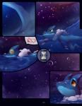 ambiguous_gender amphibian anthro bottle comic constellation container darkmirage frogadier fyoshi generation_6_pokemon hi_res meraence night nintendo pokemon pokemon_(species) raining sleeping star swimming tired water yellow_eyes