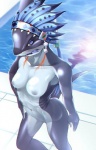 000 anthro blue_body blue_eyes blue_nipples blue_skin blue_tongue breasts collarbone doubutsu_sentai_zyuohger female fish gills hair long_hair marine navel nipples non-mammal_breasts non-mammal_nipples nude sela shark solo super_sentai swimming_pool tongue water