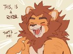 anthro brown_mane claws english_text eyebrows eyes_closed felid fingers hemuchang hi_res lion male mammal mane open_mouth open_smile pantherine ryker_(rykerlion) smile solo text