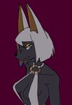 2022 ahsha_(nob_uwu) anthro anubian_jackal black_nose canid canine canis clothed clothed_anthro clothed_female clothing collarbone digital_drawing_(artwork) digital_media_(artwork) eyeshadow female female_anthro glistening_eyelids gold_eyeshadow hair half-length_portrait hi_res jackal karu184 makeup mammal mouth_closed pointy_ears portrait prick_ears simple_background solo white_clothing white_hair