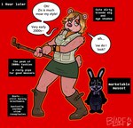 2024 absurd_res anthro bear blarf022 blarf_(blarf022) blonde_hair boots bottomwear clothing cosplay dialogue duo english_text female footwear hair heather_mason_(silent_hill) hi_res humanoid kinx_(blarf022) konami male mammal metal_pipe pipe red_background robbie_the_rabbit_(silent_hill) sherry_bear_(blarf022) shoes silent_hill simple_background skirt text topwear vest